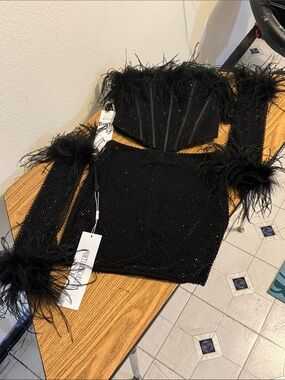 Portia and Scarlett Black Feather-Trim Mini Two-Piece Set